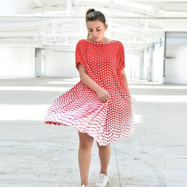 Polka Dot Dress, Flare Dress, Red Dress, Summer Dress, Midi Dress, Loose Dress, Plus Size Dress, Oversize Dress, Party Dress, Cocktail