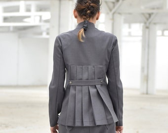 Wollen blazer, wollen colbert, damesblazer, oversized blazer, winterblazer, geplooid jasje, elegant jasje, formele grijze blazer