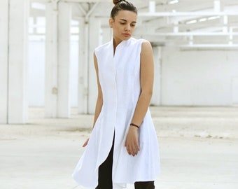 Linen Asymmetrical Top, Japanese Clothing, Summer Vest, Linen Tunic Top, Button Down Tunic, Linen Clothing, High Collar Top, Avant Garde