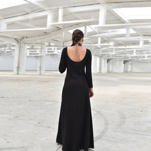 Black Maxi Dress, Open Back Elegant Dress, Fitted Women Dress, Long Sleeve Minimalist Dress, Gothic Plus Size Clothing, Wedding Guest Dress