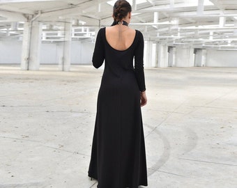 Black Maxi Dress, Open Back Elegant Dress, Fitted Women Dress, Long Sleeve Minimalist Dress, Gothic Plus Size Clothing, Wedding Guest Dress