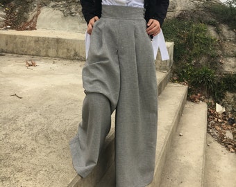 Wide Leg Wool Elegant Trousers, High Waisted Pants, Vintage Style Palazzo Trousers, Plus Size Retro Skirt Pants, Gray Pepita Trousers