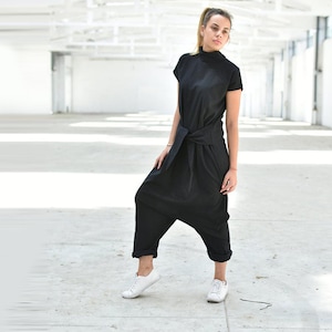 Harem Linen Jumpsuit, Loose Summer Jumpsuit, Turtleneck Linen Overall, Black Drop Crotch Jumpsuit, Linen Clothing, Halter Jumpsuit with Belt