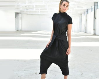 Harem Linen Jumpsuit, Loose Summer Jumpsuit, Turtleneck Linen Overall, Black Drop Crotch Jumpsuit, Linen Clothing, Halter Jumpsuit with Belt