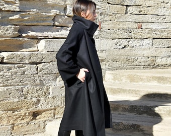 Plus Size Coat, Black Women Wool Coat, Funnel Neck Steampunk Winter Coat, Gothic Clothing, Maxi Coat, Minimalist Coat Jacket