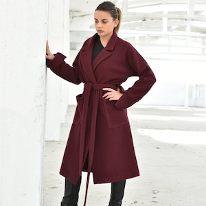 Wool Elegant Coat, Winter Burgundy Overcoat, Wool Long Coat, Extravagant Coat with Belt, Pocket Maxi Coat, Woolen Jacket Coat