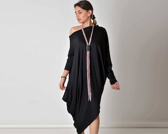 Black Off Shoulder Asymmetric Dress, Loose Maxi Kaftan, Tunic Dress, Cocktail Dress, Casual Comfy Dress, Long Sleeve Dress, Wedding Guest