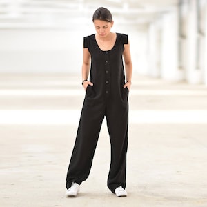 Tuta di lino, tuta da donna, vestiti di lino, tuta nera, tuta di lino, tuta nera, pagliaccetto da donna, tuta Plus Size, minimalista