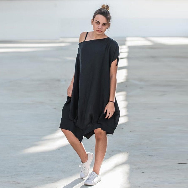 Vestido de lino, vestido fuera del hombro, vestido negro, vestido de cóctel, vestido de burbujas, vestido de lino de verano, vestido midi, ropa de talla grande, ropa de lino