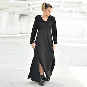 Black Maxi Dress, Wool Dress, Winter Dress, Sweater Dress, Gothic Dress, Hooded Dress, Plus Size Clothing, Steampunk Dress, Knitted Dress