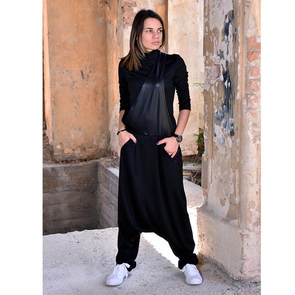 Black Harem Jumpsuit with Leather Strap, Women Overall, Avant Garde Clothing, Women Drop Crotch Jumpsuit, Casual Overall