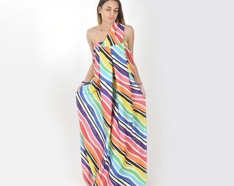Women Caftan Dress, Beach Kaftan Dress, Rainbow Dress, Silk Maxi Dress, Summer Dress, Rainbow Maternity Dress, Colorful One Shoulder Boho
