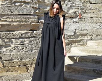 Avant Garde Black Loose Maxi Dress with Frill Sleeves, Long Extravagant Steampunk Kaftan Dress for Summer, A-Line Gown in Sizes XS-4XL