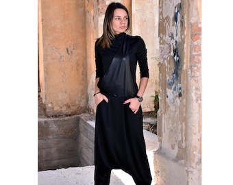 Black Harem Jumpsuit with Leather Strap, Women Overall, Avant Garde Clothing, Women Drop Crotch Jumpsuit, Casual Overall