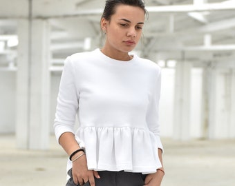 Top For Women, Peplum Top, White Top, Plus Size Clothing, White Blouse, Ruffle Top, Futuristic Clothing, Bohemian Clothing, Cocktail Top