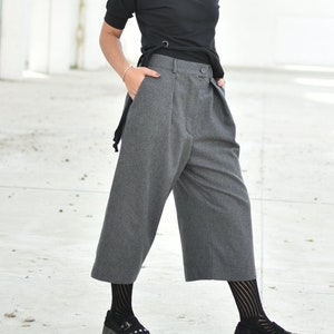 Pantalones elegantes de lana para mujer, pantalones capri, pantalones de entrepierna caída, pantalones de pierna ancha, pantalones de invierno palazzo, ropa de talla grande, pantalones de media pantorrilla