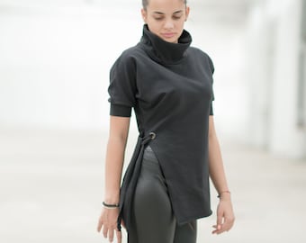 Black High Neck Extravagant Top with Short Sleeves, Turtleneck Tunic Top with Slit for Women, Minimalist Avant Garde Tee, Sizes XS-4XL
