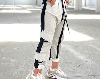 Two Tone Cargo Denim Pants in Futuristic Y3k Style, Color Block Techwear Jeans Women, Black and White High Waist Drop Crotch Trousers