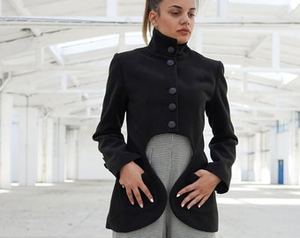 Avant Garde Black Coat, Blazer Jacket, Elegant Coat Women, Formal Coat, Plus Size Clothing, Winter High Neck Blazer, Extravagant Short Coat