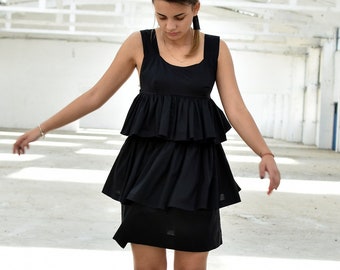 Schwarzes Rüschenkleid, Midikleid, Trägerkleid, Lagenkleid, schwarzes Kleid, Sommerkleid, Cocktailkleid, Plus Size Kleid, Oversize Kleid