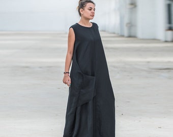 Linen Maxi Dress, Plus Size Clothing, Black Maxi Dress, Linen Clothing, Linen Kaftan Dress, Sleeveless Dress, Summer Dress, Beach Dress