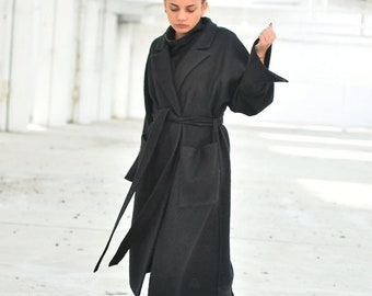 Black Wool Coat, Winter Coat, Long Coat, Gothic Coat, Belt Coat, Plus Size Clothing, Extravagant Coat, Woolen Overcoat, Elegant Coat