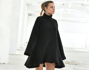 Black Winter Sweater Dress, Wool Turtleneck Dress, Asymmetrical Dress, Oversize Sweater Dress, Wool Clothing, Loose Avant Garde Dress