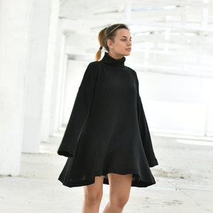 Black Winter Sweater Dress, Wool Turtleneck Dress, Asymmetrical Dress, Oversize Sweater Dress, Wool Clothing, Loose Avant Garde Dress image 1