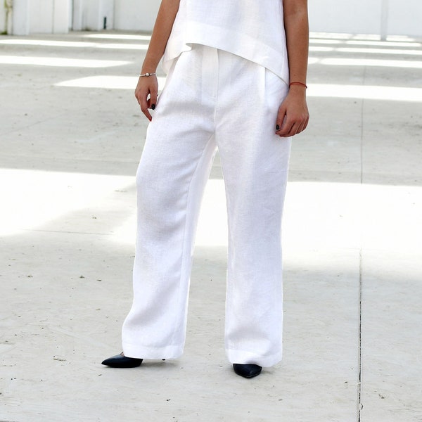 Weiße Leinenhose, Weite Beinhose, Leinenkleidung, Weiße Sommerhose, Lockere Hose, Minimalistische Kleidung, Oversize Hose, Plus Size Hose