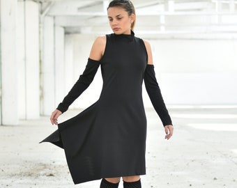 Cold Shoulder Black Dress, Midi Dress with Long Sleeves, Elegant Dress, Gothic Dress, Plus Size Clothing, Wiccan Dress, Avant Garde Clothing