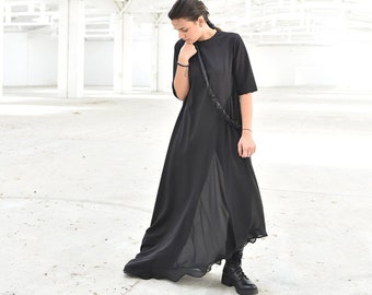 Elegant Black Tunic Dress, Wedding Guest Dress, Occasion Outifit, Chiffon Maxi Tunic Dress, Asymmetric Dress, Loose Formal Dress Plus Size