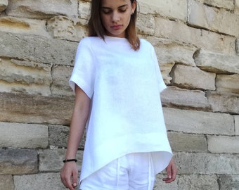 Linen Top For Women, White Summer Linen Tunic, Plus Size Clothing, White Linen Top, Asymmetrical Beach Top, Linen Oversized Tshirt