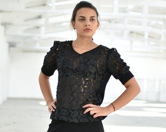 Black Lace Top, Gothic Top, Elegant Black Top, Cocktail Top, Steampunk Top, Party Top, Plus Size Top, Boho Clothing, Summer Lace Top
