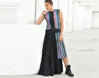 Avant Garde Striped Asymmetric Hem Dress, Summer Festival Sleeveless Dress, Extravagant Unusual High Low Dress, Futuristic Gown, XS-2XL