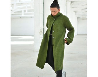 Grüner Wollmantel, Wintermantel für Damen, Stehkragenmantel, Oberbekleidung in Übergröße, übergroßer Mantel, lockerer Mantel, Mantel mit Raglanärmeln, Knöpfe