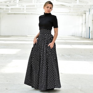High Waisted Skirt, Maxi Black Skirt, Polka Dot Skirt, Flare Skirt, Autumn Skirt, Formal Skirt, Long Skirt, Plus Size Skirt, Cocktail Skirt