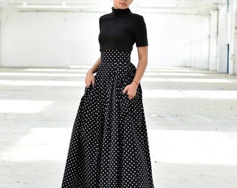 High Waisted Skirt, Maxi Black Skirt, Polka Dot Skirt, Flare Skirt