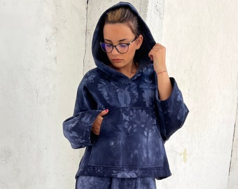 Luvtröja med marmortryck, Damluvtröja, Snygg sporttopp, Plus size-luvtröja, Marinblå träningsblus, Chic Athleisure