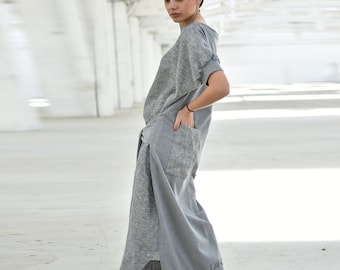 Linen Avant Garde Dress with Adjustable Waist and Short Sleeves, Gray Maxi Extravagant Belted Dress, Loose Summer Women Dress, Plus Sizes