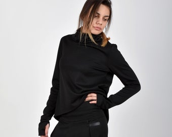 Black Turtleneck Long Sleeve Top with Thumb Holes, Minimalist High Neck Blouse for Women, Everyday Top for Fall and Winter, Sizes XS-4XL