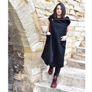 Women Hooded Black Vest, Wrap Vest, Elegant Jacket, Futuristic Clothing, Plus Size Maxi Vest, Elven Gothic Vest, Avant Garde Clothing
