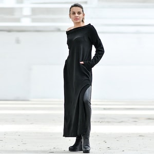 Black Wool Maxi Dress, Winter Sweater Dress, Warm Boat Neck Tunic Dress, Gothic Clothing, Plus Size Tunic Dress, Long Sleeve Slit Dress