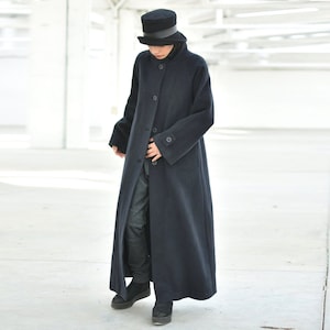 Warm Winter Maxi Coat, Long Wool Coat, High Neck Coat, Women Wool Outerwear, Front Buttons Coat, Navy Plus Size Coat