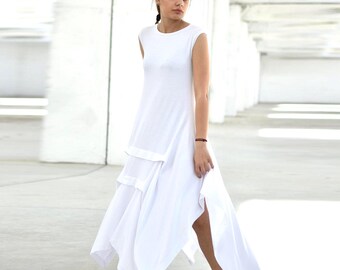 White Summer Avant Garde Asymmetric Dress, Long Sleeveless Extravagant Tank Dress, Garden Party or Beach Cover Up Sundress, Sizes XS-4XL