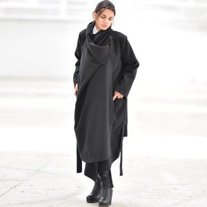 Black Extravagant Coat, Women Winter Coat, Asymmetric Winter Coat, Wrap Belted Coat, Cyberpunk Trendy Plus Size Clothing