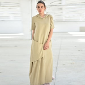 Beige Linen Dress, Hooded Dress With Pockets, Plus Size Maxi Dress, Short Sleeve Dress For Women, Loose Linen Dress, Boho Linen Dress