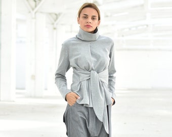 Grey Asymmetrical Sweater, Winter Extravagant Pullover, Multiway Women Sweater, Turtleneck Blouse, Cosy Winter Elegant Sweater, High Neck