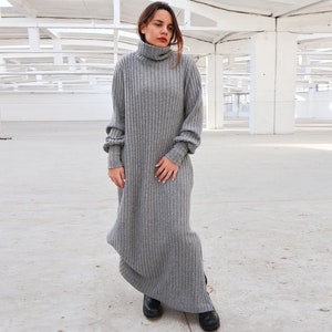 Wool Winter Maxi Dress, Turtleneck Sweater Dress, Gray Rib Dress, Loose Dress, Long Knit Dress with Slit, Plus Size Clothing, Warm Dress