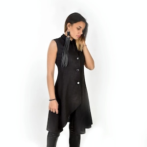 Black Linen Sleeveless Tunic Top for Summer, Long Asymmetric Vest for Women, Asymmetric Avant Garde Button Down Top, Sizes XS-4XL