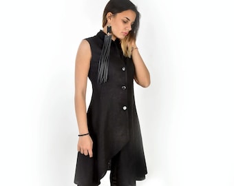 Black Linen Sleeveless Tunic Top for Summer, Long Asymmetric Vest for Women, Asymmetric Avant Garde Button Down Top, Sizes XS-4XL